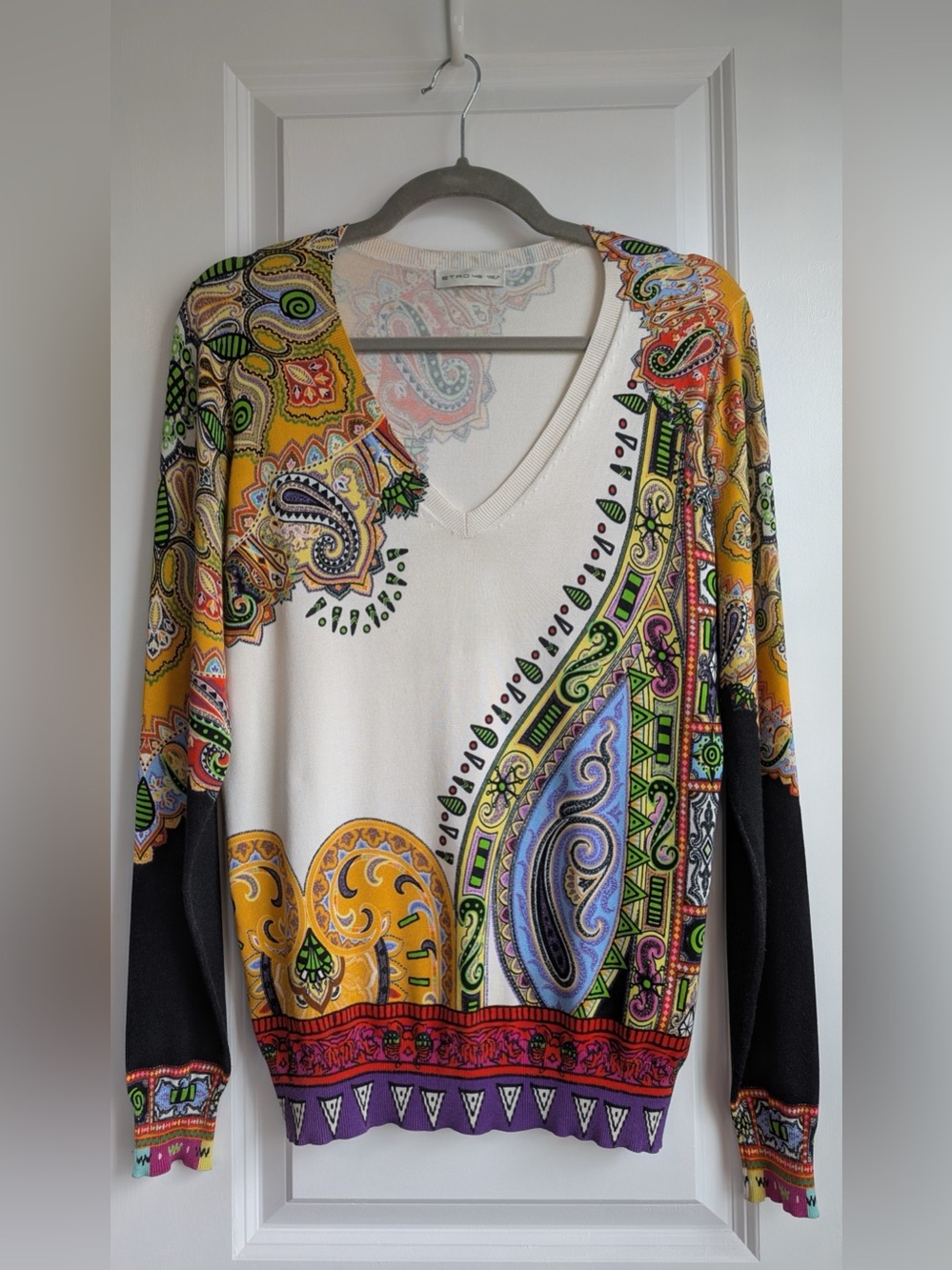 Etro Women’s Maglione V V-neck Sweater Paisley Printed Size 46 - Picture 1 of 9